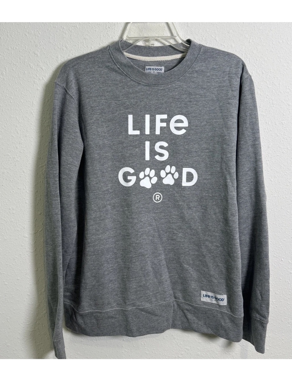 Life is Good Crewneck Sweatshirt Adult Small Pullover Dog Paw Logo Gray Fleece